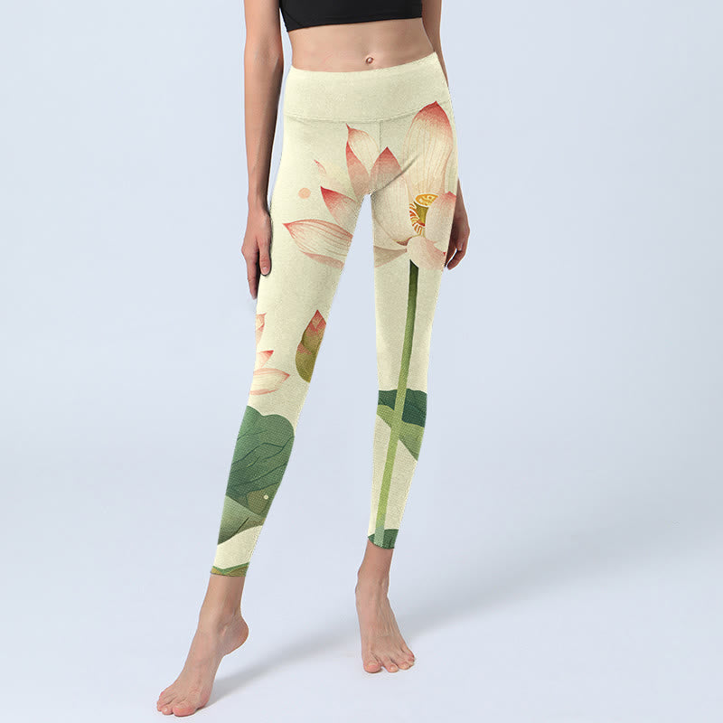 Lotus Flower Leaf Dragonfly Print Fitness Leggings Women's Yoga Pants