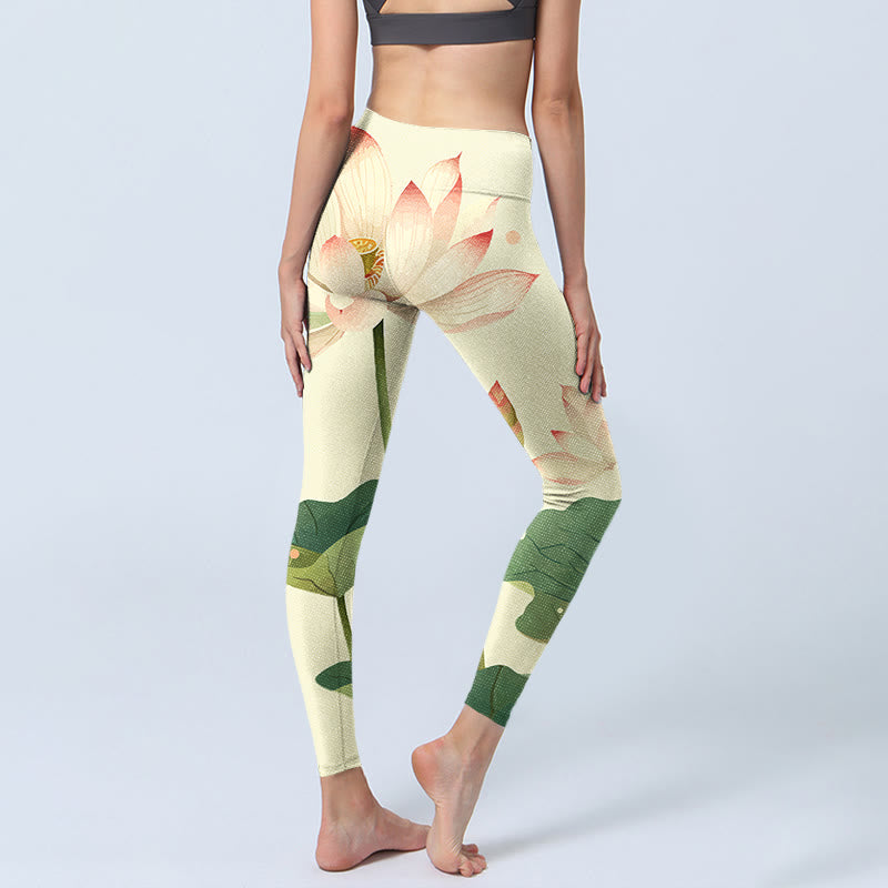 Lotus Flower Leaf Dragonfly Print Fitness Leggings Women's Yoga Pants