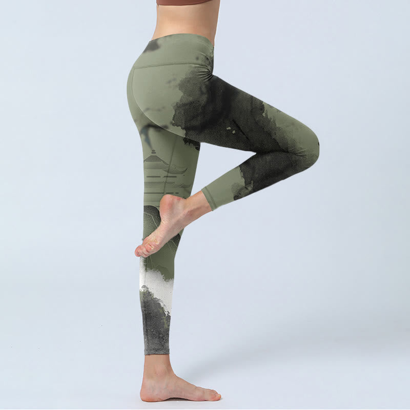 Ink Painting Mountain Pavilion Print Fitness Leggings Women's Yoga Pants