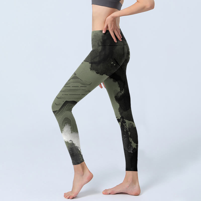 Ink Painting Mountain Pavilion Print Fitness Leggings Women's Yoga Pants