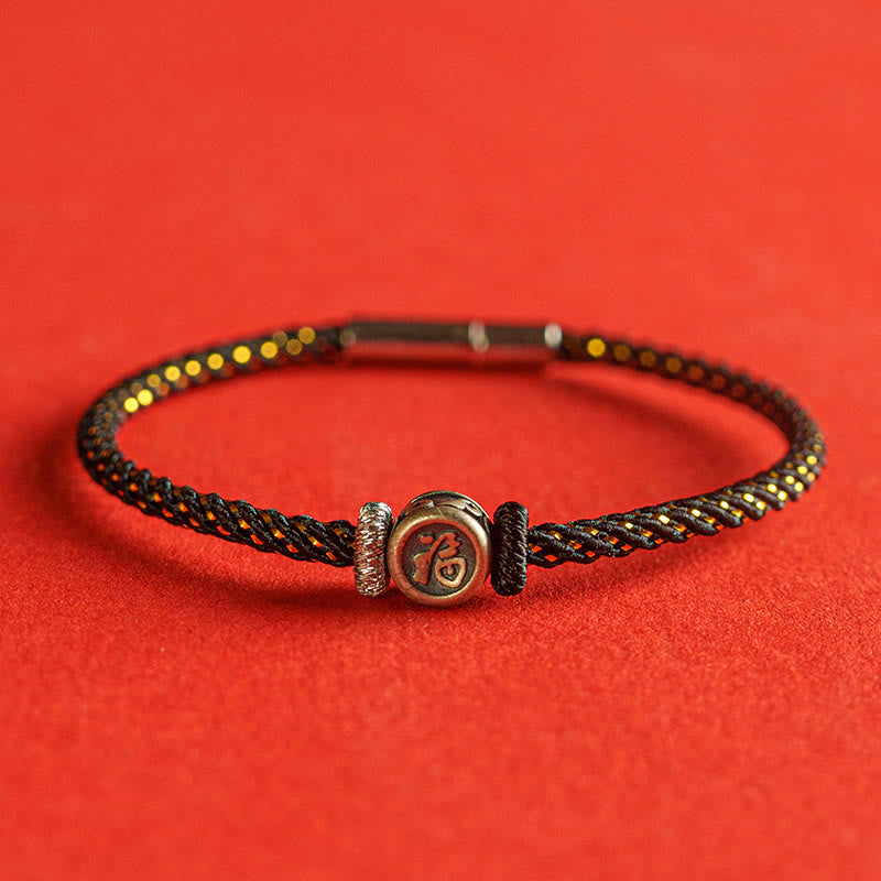 Braided String 925 Sterling Silver Fu Character Faith Bracelet