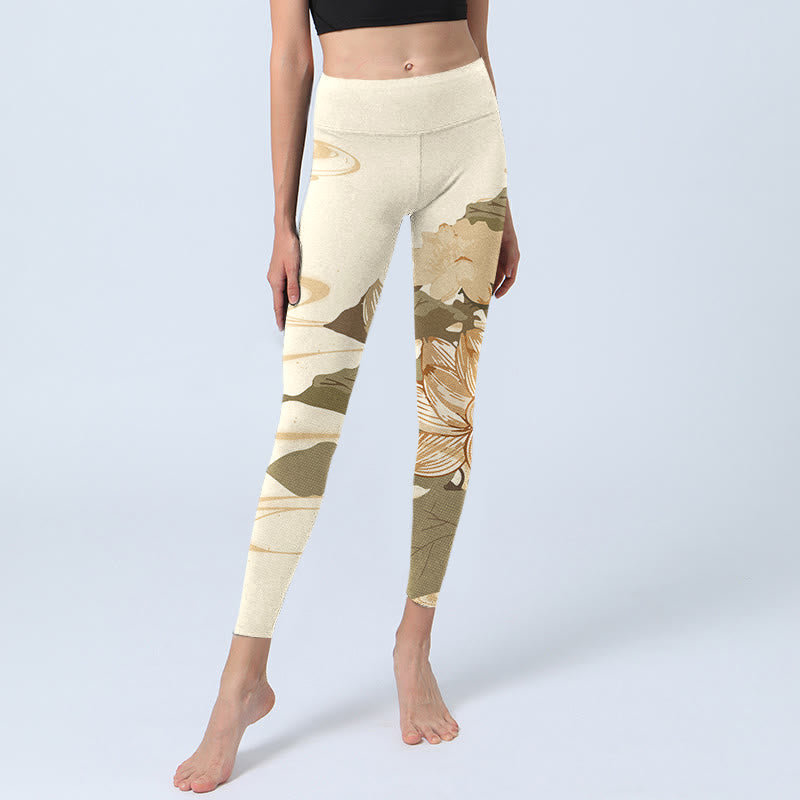 Beige Lotus Flower Print Gym Fitness Leggings Women's Yoga Pants
