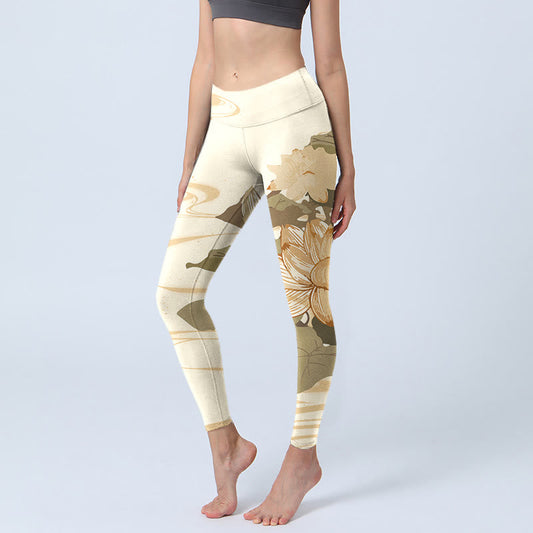 Beige Lotus Flower Print Gym Fitness Leggings Women's Yoga Pants