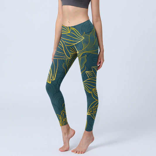 Gray Golden Koi Fish Lotus Print Gym Leggings Women's Yoga Pants