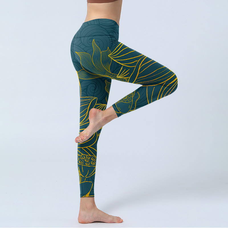 Gray Golden Koi Fish Lotus Print Gym Leggings Women's Yoga Pants