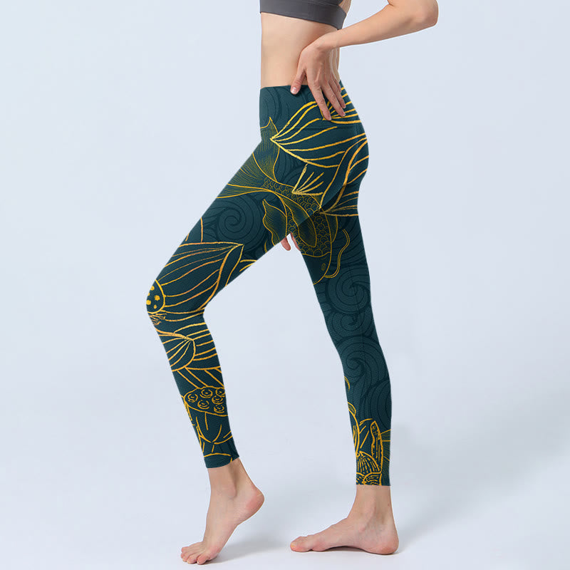 Gray Golden Koi Fish Lotus Print Gym Leggings Women's Yoga Pants