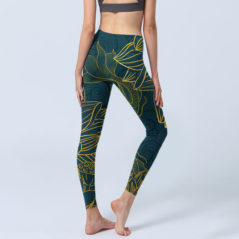 Gray Golden Koi Fish Lotus Print Gym Leggings Women's Yoga Pants