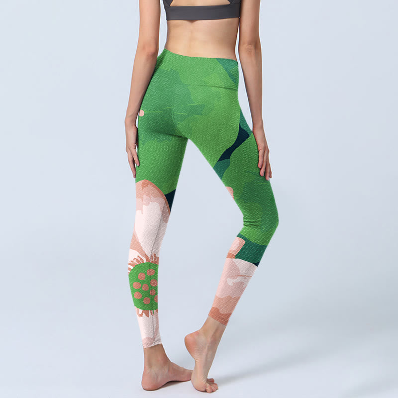 Green Lotus Flower Leaf Print Sports Fitness Leggings Women's Yoga Pants