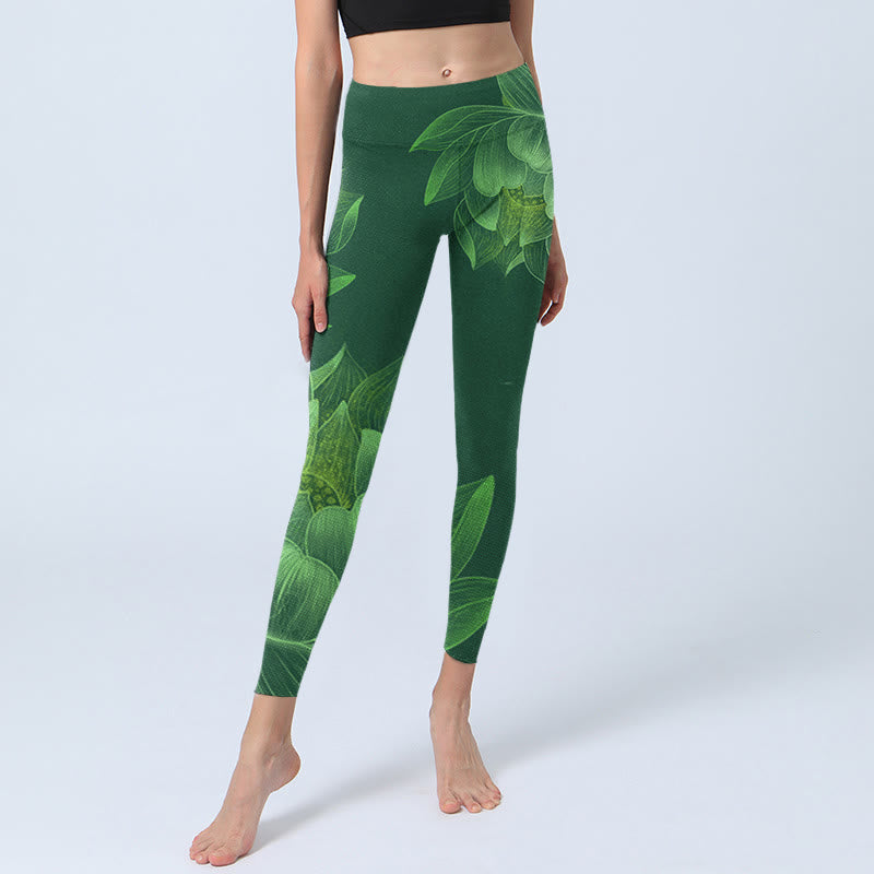Dark Green Lotus Flower Leaf Print Gym Fitness Leggings Women's Yoga Pants