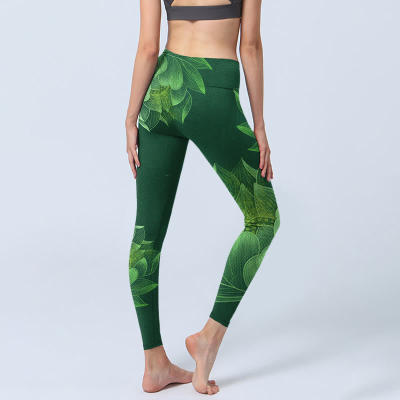 Dark Green Lotus Flower Leaf Print Gym Fitness Leggings Women's Yoga Pants