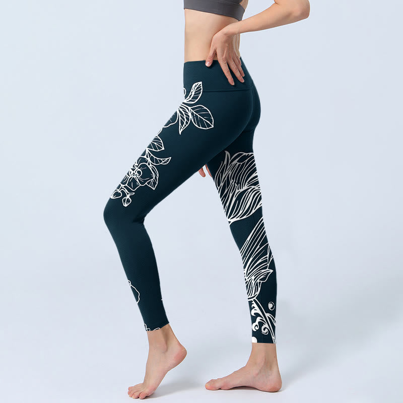 Peony Epiphyllum Flowers Print Gym Fitness Leggings Women's Yoga Pants