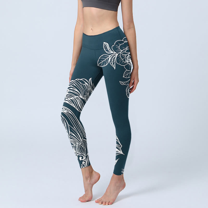 Peony Epiphyllum Flowers Print Gym Fitness Leggings Women's Yoga Pants