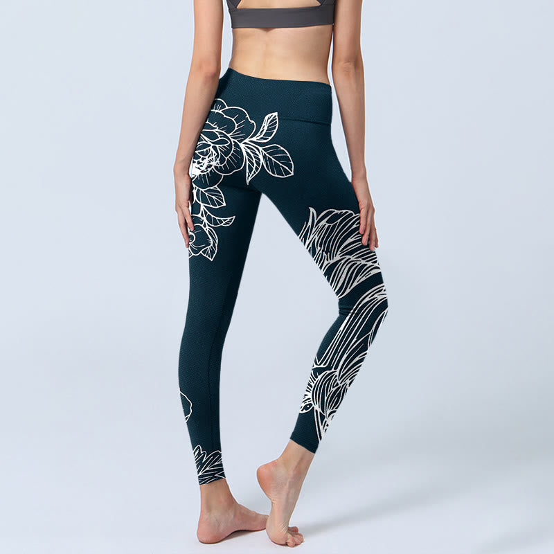 Peony Epiphyllum Flowers Print Gym Fitness Leggings Women's Yoga Pants