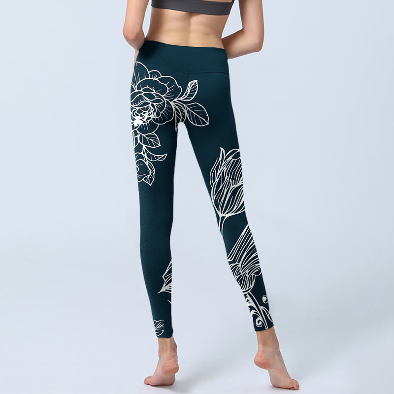 Peony Epiphyllum Flowers Print Gym Fitness Leggings Women's Yoga Pants
