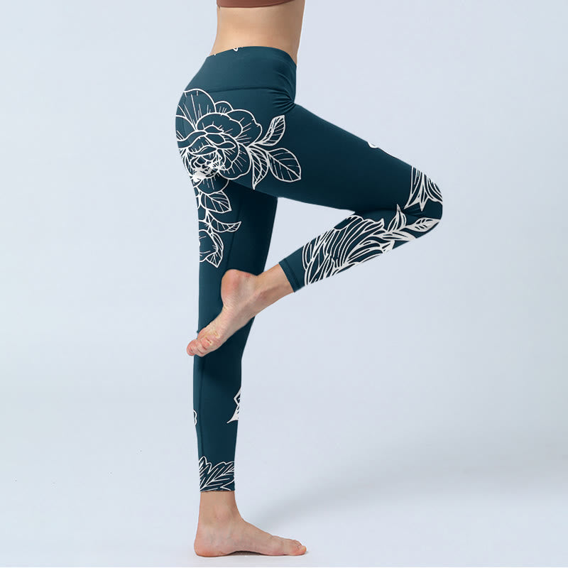 Peony Epiphyllum Flowers Print Gym Fitness Leggings Women's Yoga Pants