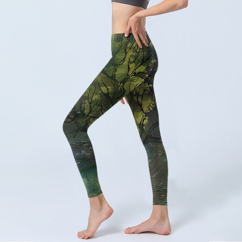 ForestGreen Leaves Black Lines Print Exercise Leggings Women's Yoga Pants