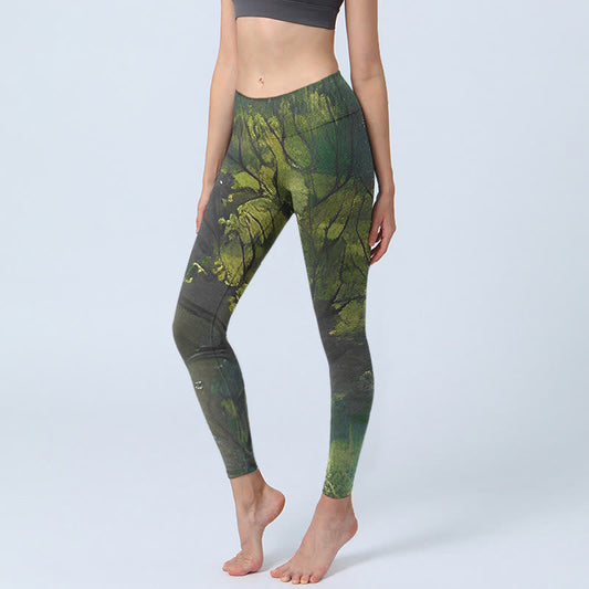 ForestGreen Leaves Black Lines Print Exercise Leggings Women's Yoga Pants