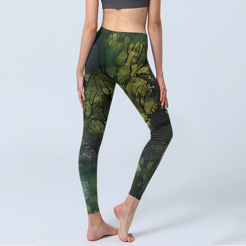 ForestGreen Leaves Black Lines Print Exercise Leggings Women's Yoga Pants