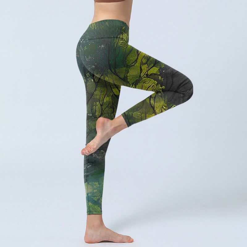 ForestGreen Leaves Black Lines Print Exercise Leggings Women's Yoga Pants
