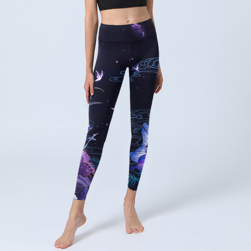 Midnight Blue Flower Purple Butterfly Exercise Leggings Women's Yoga Pants