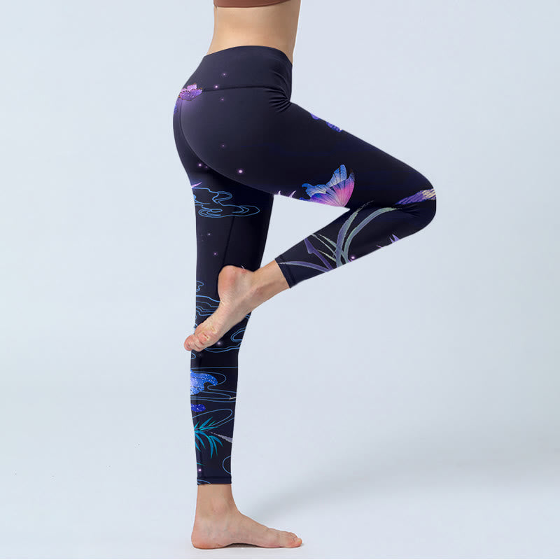 Midnight Blue Flower Purple Butterfly Exercise Leggings Women's Yoga Pants