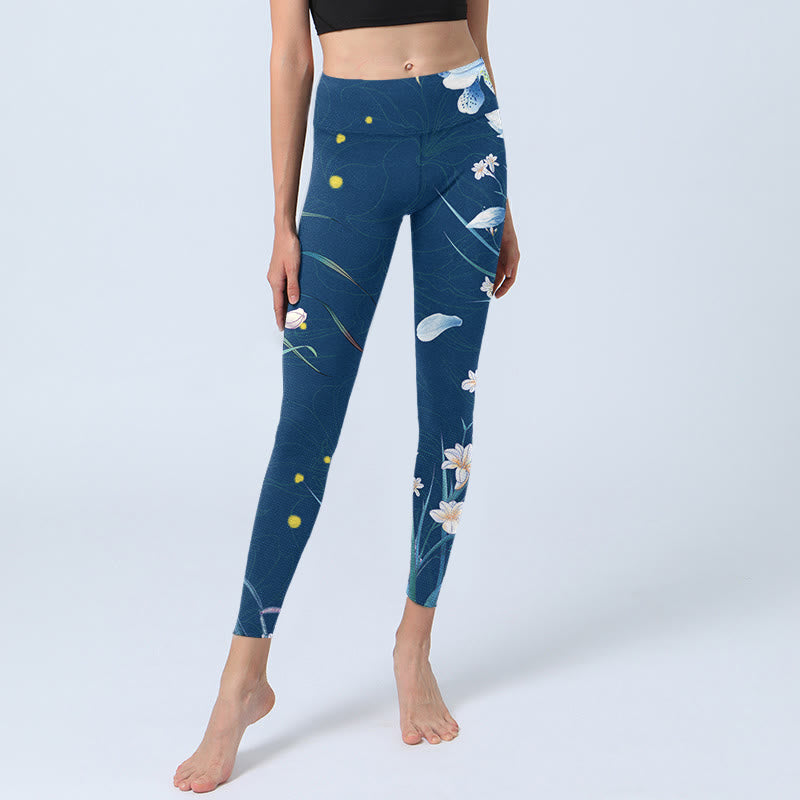 SteelBlue Small White Flowers Butterfly Exercise Leggings Women's Yoga Pants