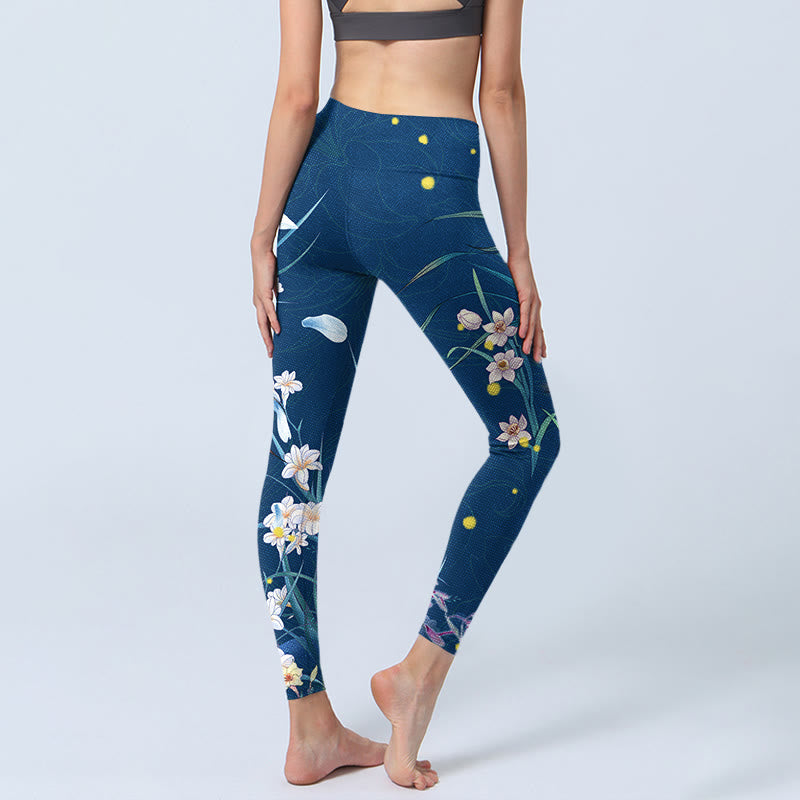 SteelBlue Small White Flowers Butterfly Exercise Leggings Women's Yoga Pants