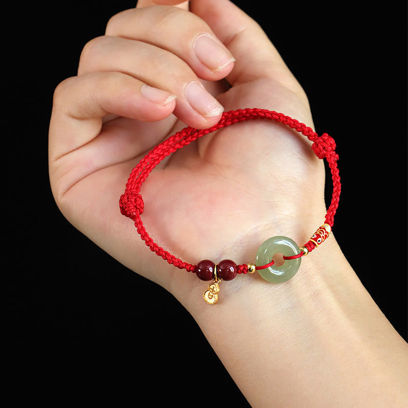 Red String Black String Hetian Jade Peace Buckle Cinnabar 925 Silver Protection Bracelet