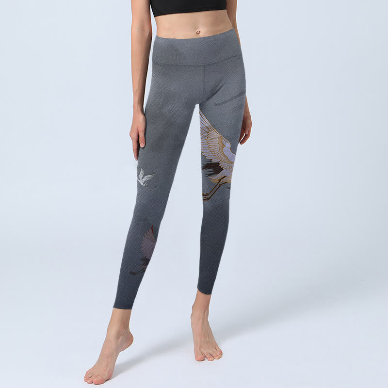 Auspicious White Crane Pine Tree Print Gym Leggings Women's Yoga Pants