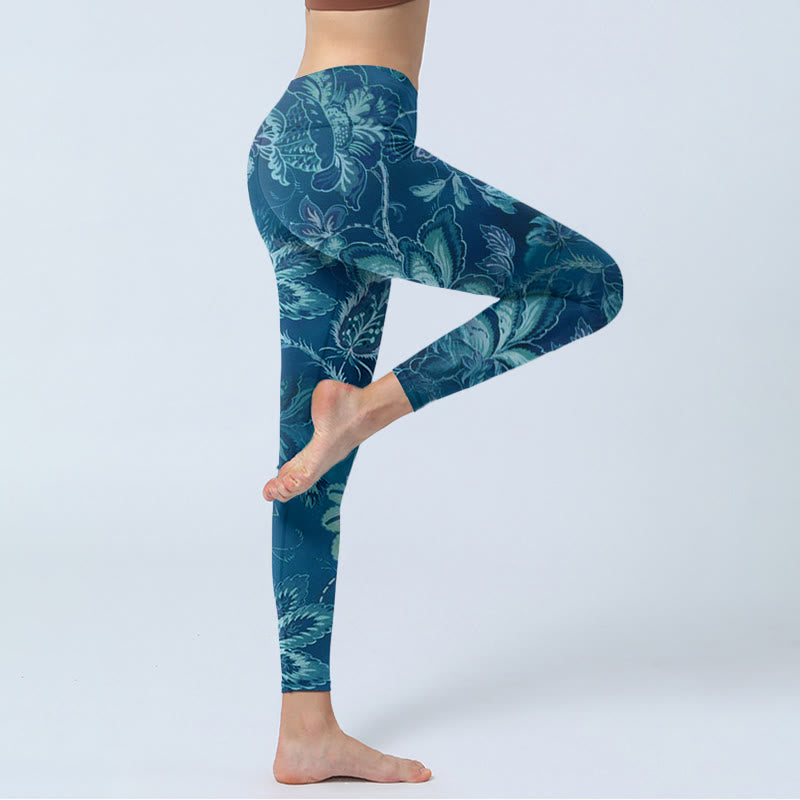Blue Flowers Print Sports Fitness Leggings Women's Yoga Pants