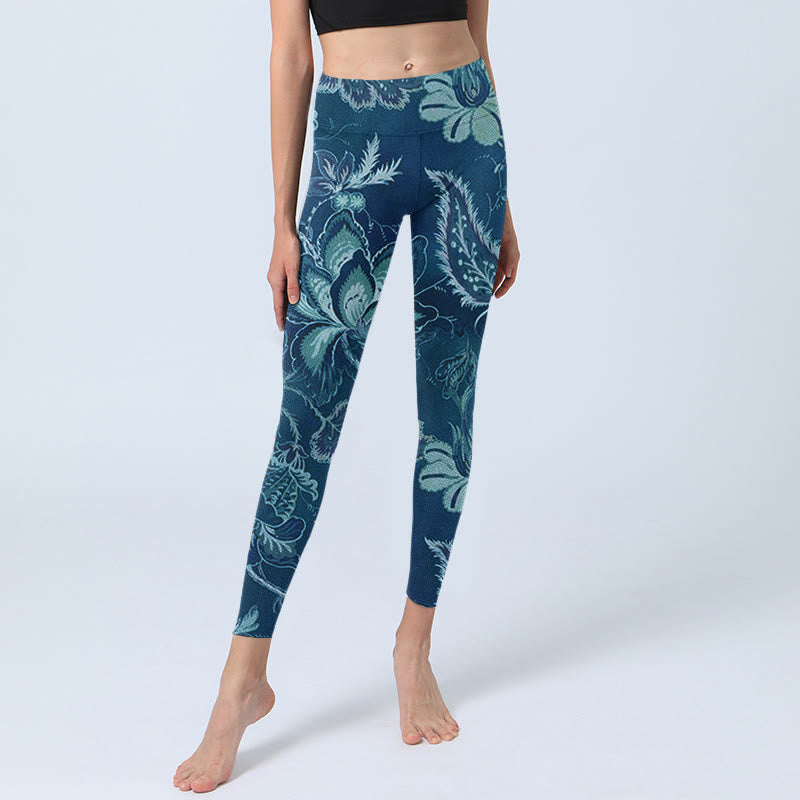 Blue Flowers Print Sports Fitness Leggings Women's Yoga Pants