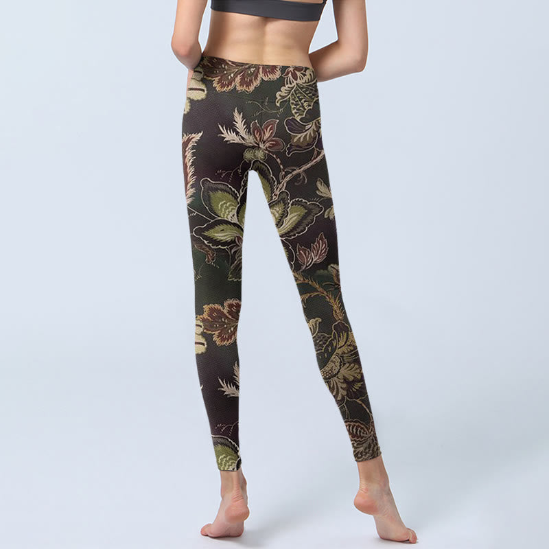 Olive Florals Print Sports Fitness Leggings Women's Yoga Pants
