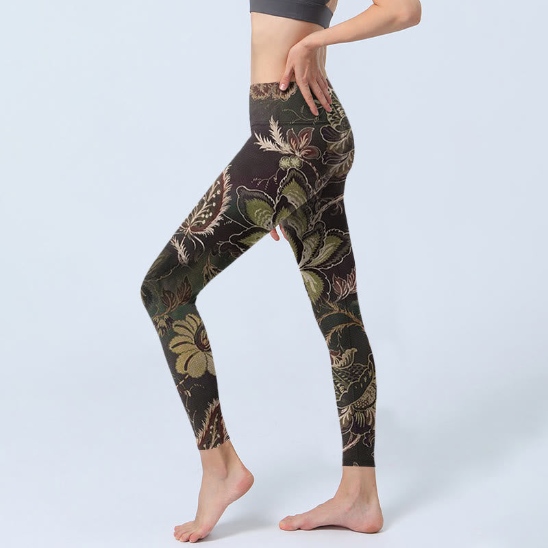 Olive Florals Print Sports Fitness Leggings Women's Yoga Pants