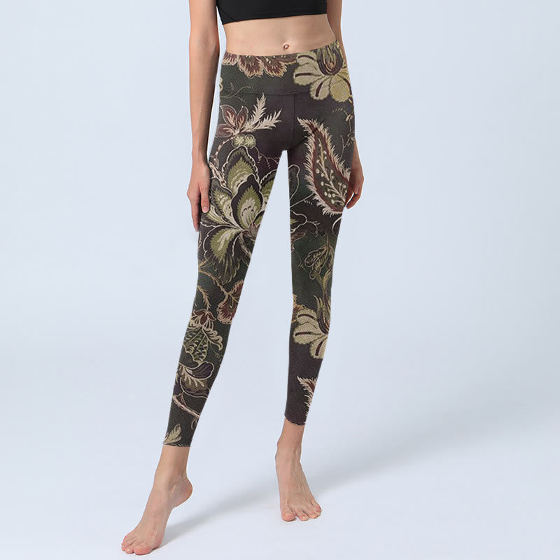 Olive Florals Print Sports Fitness Leggings Women's Yoga Pants