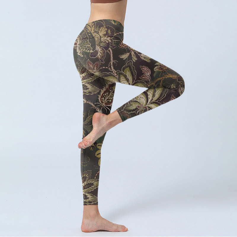 Olive Florals Print Sports Fitness Leggings Women's Yoga Pants