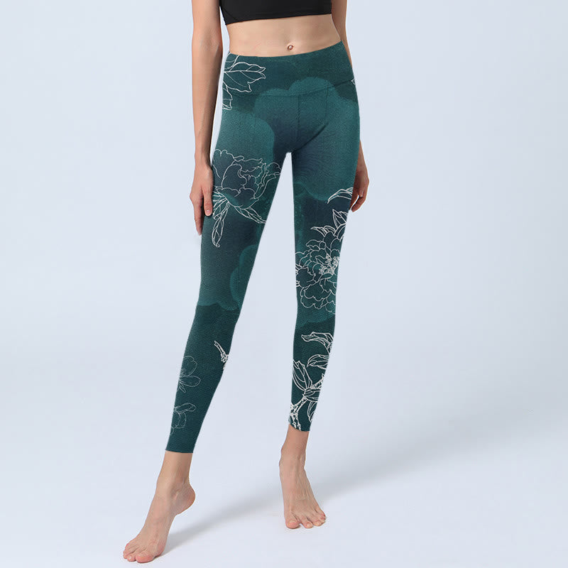 Peony Flower Magpie Butterfly Print Gym Fitness Leggings Women's Yoga Pants