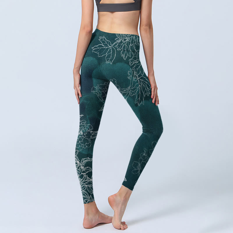 Peony Flower Magpie Butterfly Print Gym Fitness Leggings Women's Yoga Pants