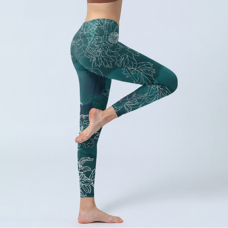 Peony Flower Magpie Butterfly Print Gym Fitness Leggings Women's Yoga Pants
