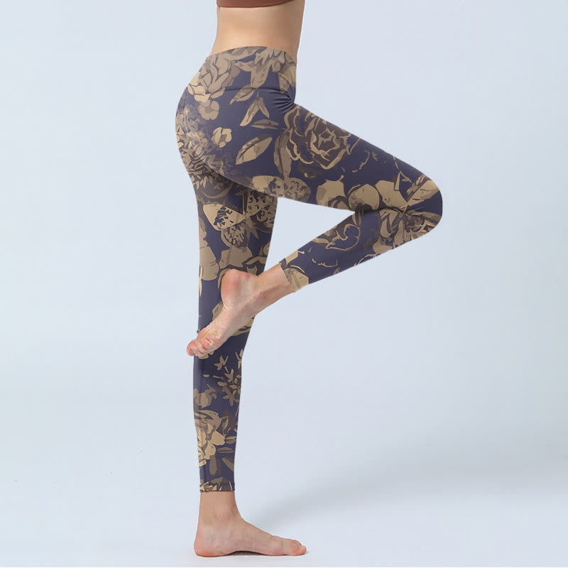 Peony Flowers Leaves Blossom Print Gym Fitness Leggings Women's Yoga Pants