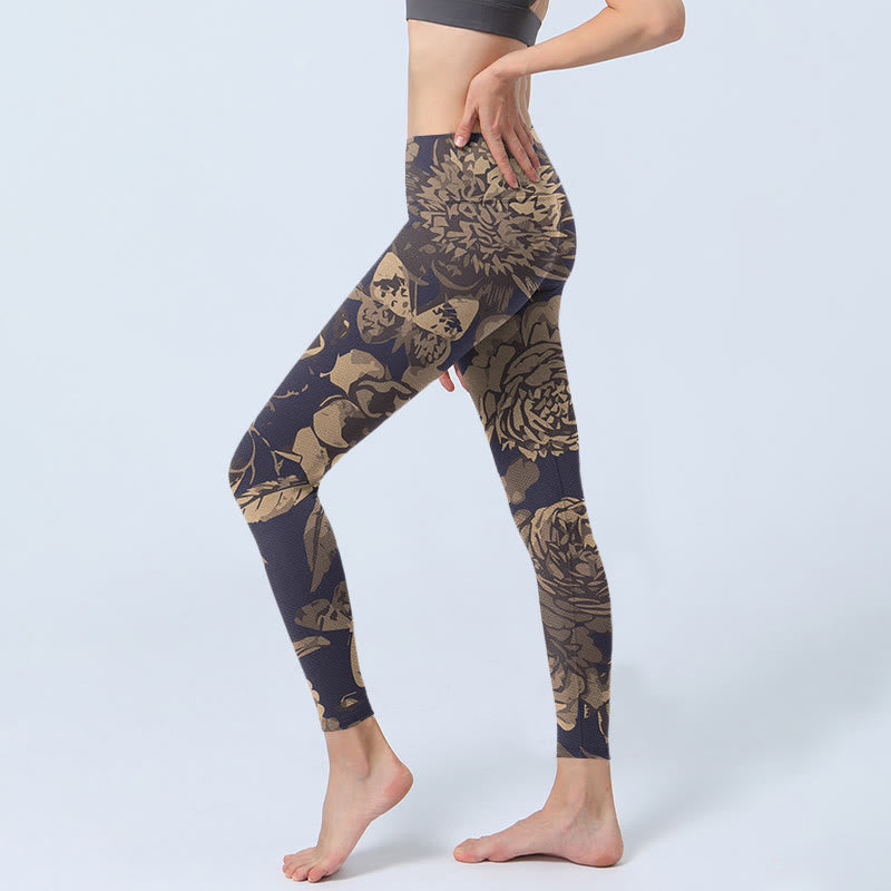 Peony Flowers Leaves Blossom Print Gym Fitness Leggings Women's Yoga Pants