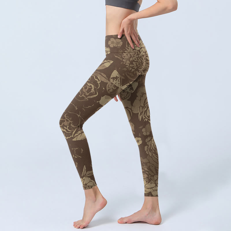 Peony Flowers Leaves Blossom Print Gym Fitness Leggings Women's Yoga Pants