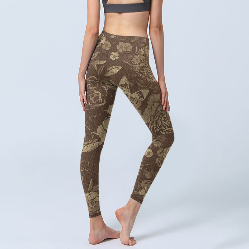 Peony Flowers Leaves Blossom Print Gym Fitness Leggings Women's Yoga Pants