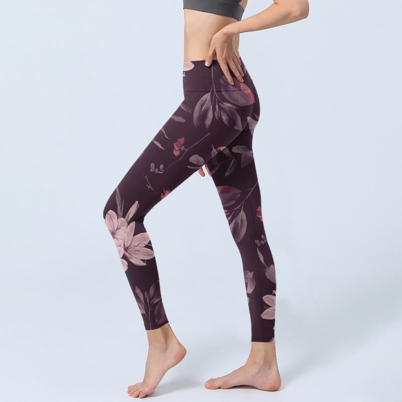 Purple White Flowers Leaves Blossom Print Gym Fitness Leggings Women's Yoga Pants