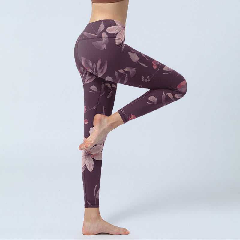 Purple White Flowers Leaves Blossom Print Gym Fitness Leggings Women's Yoga Pants