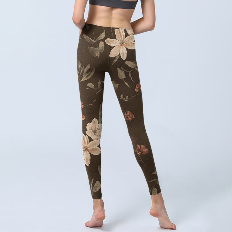 Purple White Flowers Leaves Blossom Print Gym Fitness Leggings Women's Yoga Pants