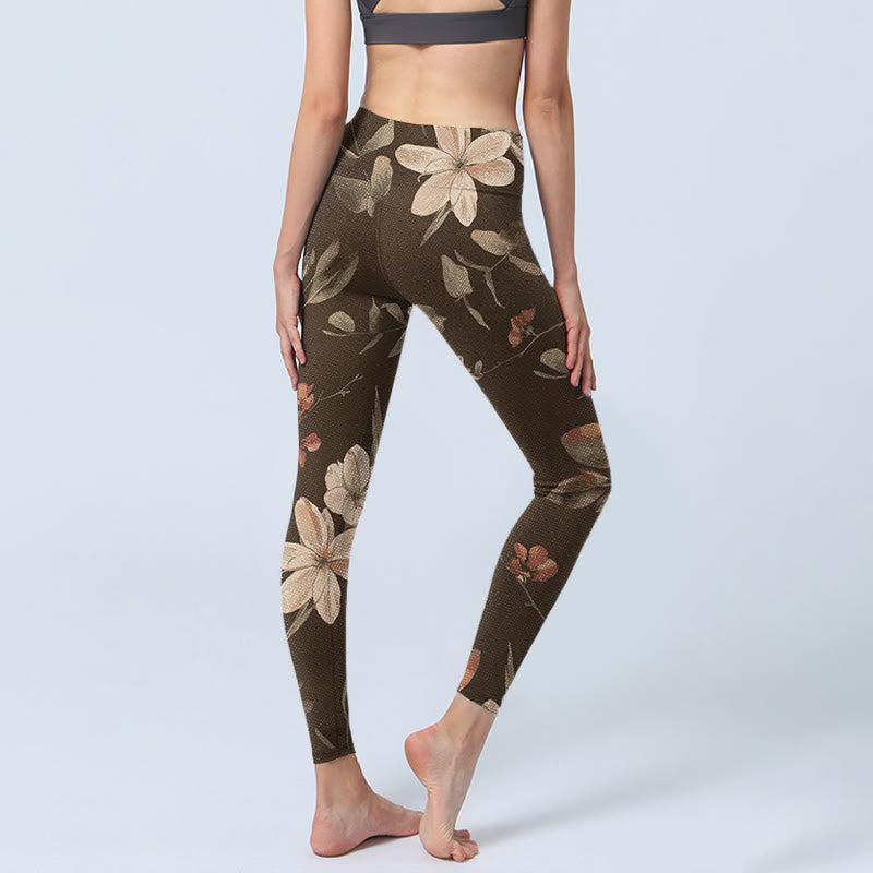 Purple White Flowers Leaves Blossom Print Gym Fitness Leggings Women's Yoga Pants