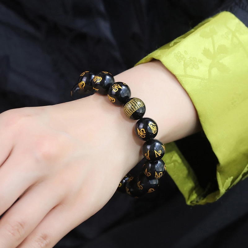 Six True Words Om Mani Padme Hum Rainbow Obsidian Gold Foil Creativity Bracelet