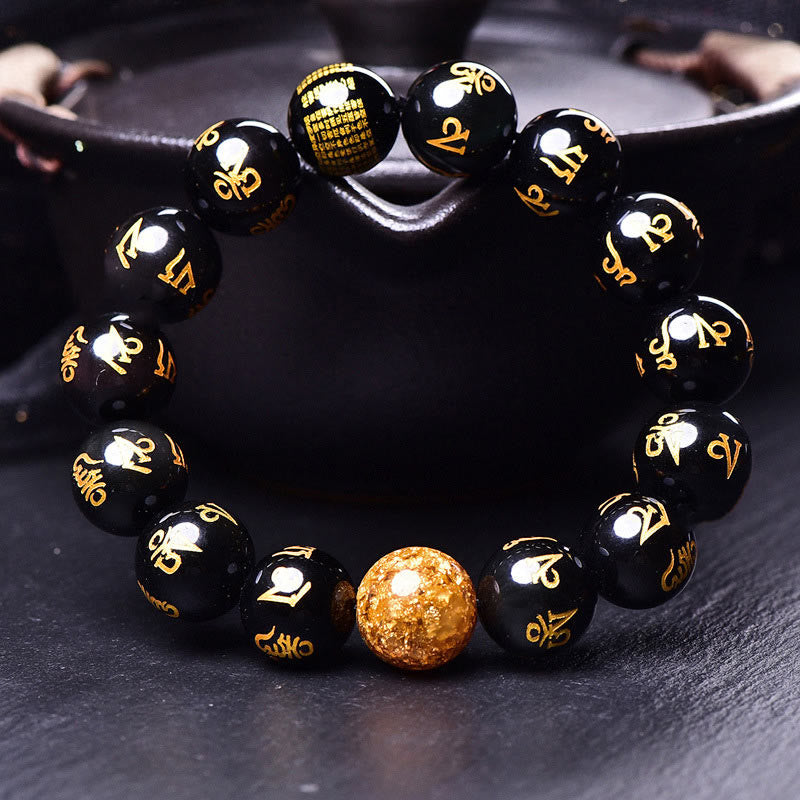 Six True Words Om Mani Padme Hum Rainbow Obsidian Gold Foil Creativity Bracelet