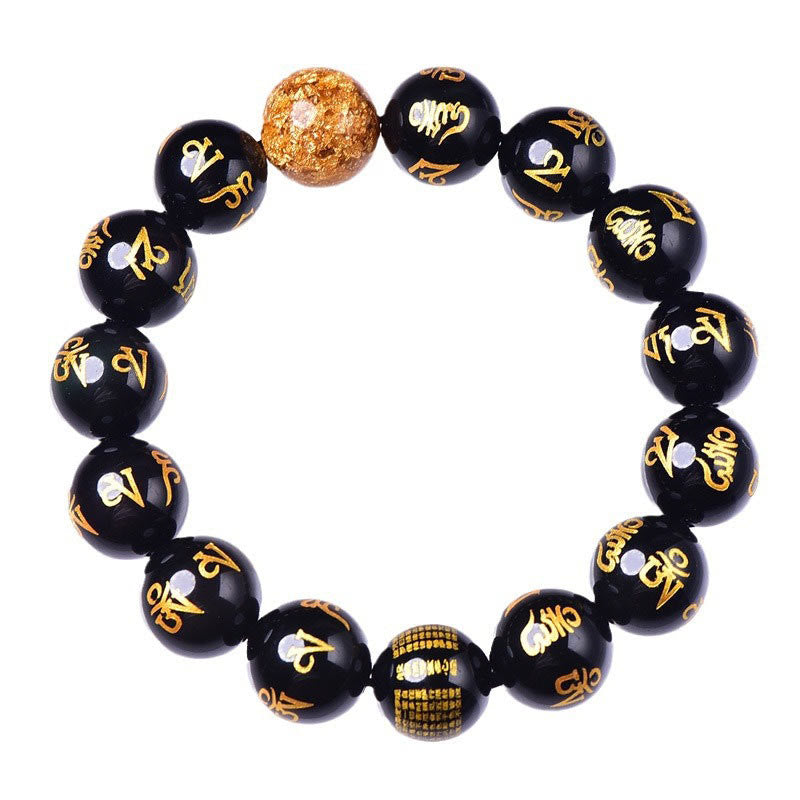Six True Words Om Mani Padme Hum Rainbow Obsidian Gold Foil Creativity Bracelet