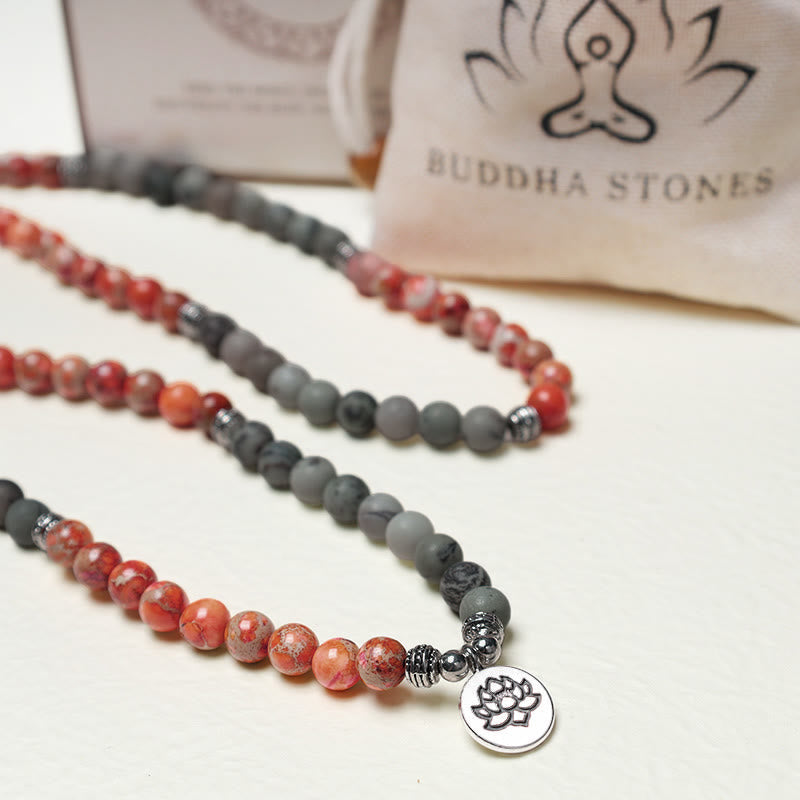 108 Mala Beads Natural Stone Sea Sediment Jasper Lotus Protection Bracelet